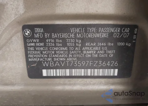 2007 BMW 328Xi z USA, uszkodzony, nr VIN WBAVT73597FZ36426